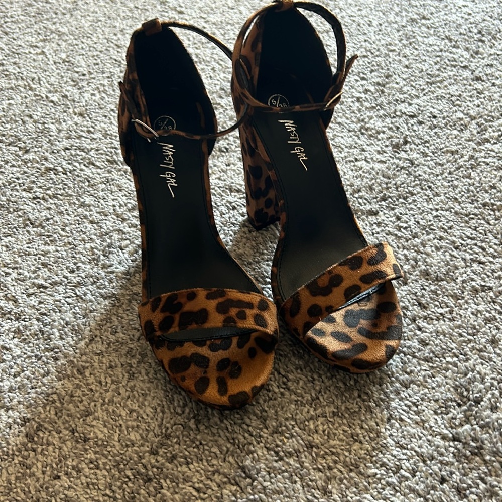 Nasty gal leopard print open toe ankle strap heels size 38